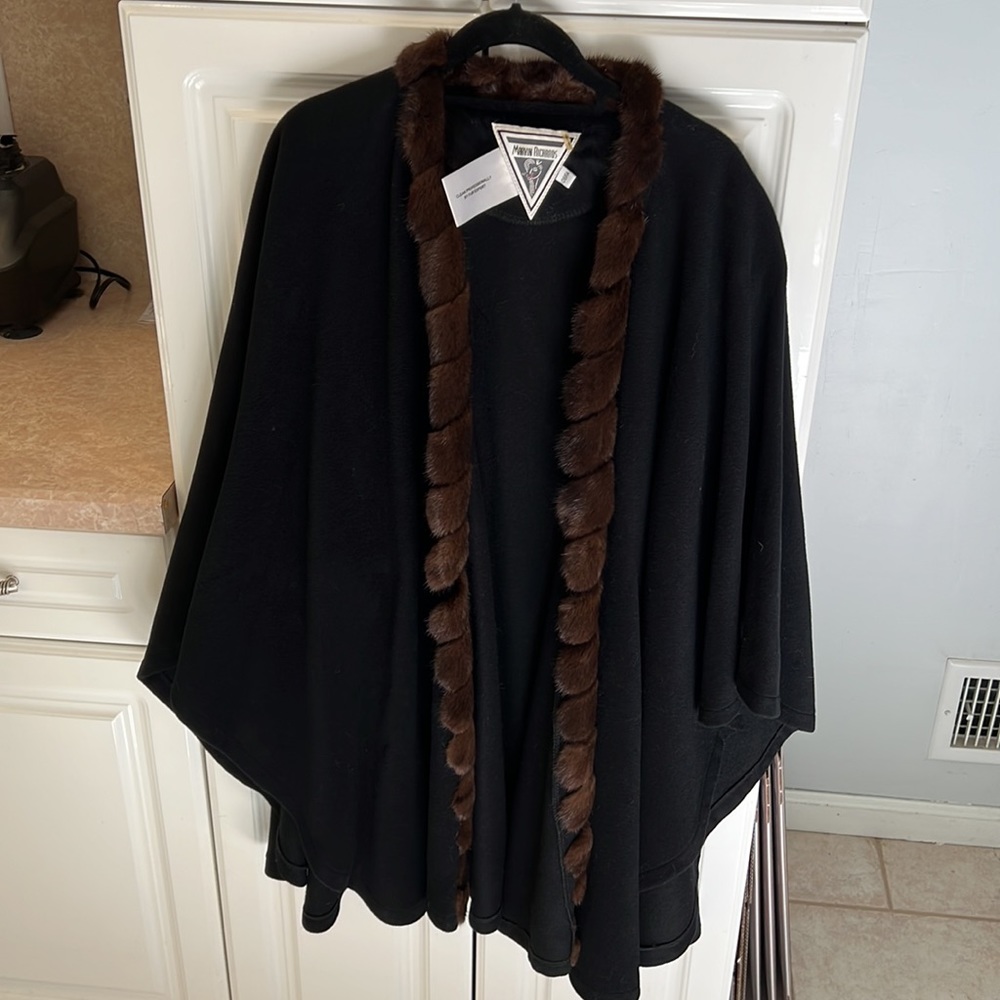 Black and Brown Mink trim Ruana Cape one size fits most